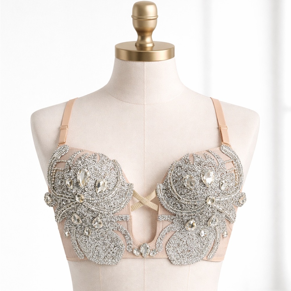 NWOT Crystal Rhinestone Showgirl Bralette Silver Burlesque Festival Bra D Cup